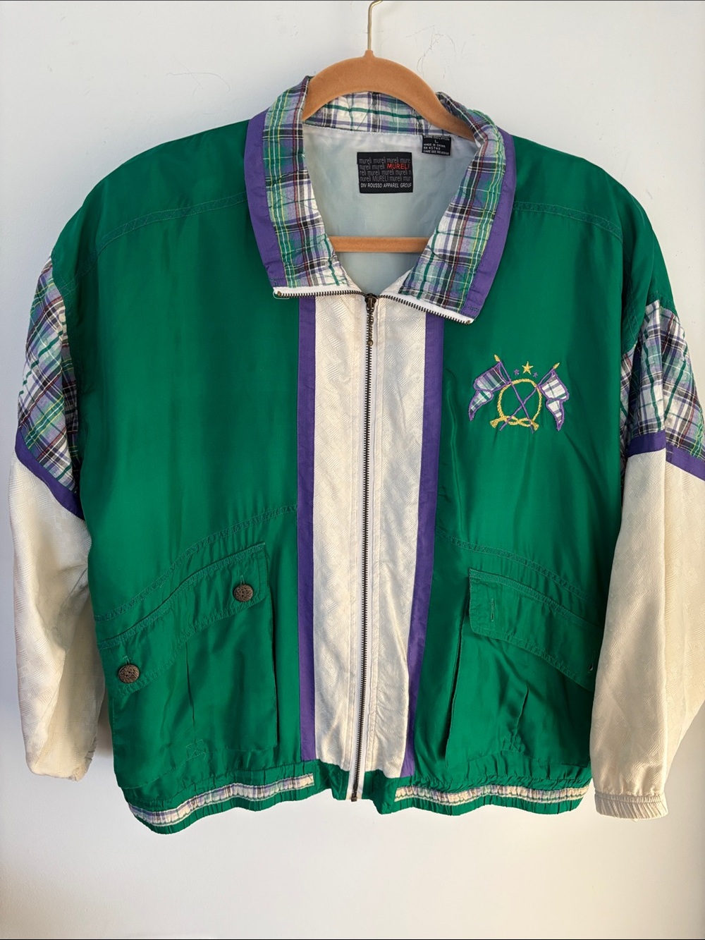Vintage Muriel silk bomber jacket, green/purple/cream, gold flag emblems, size L